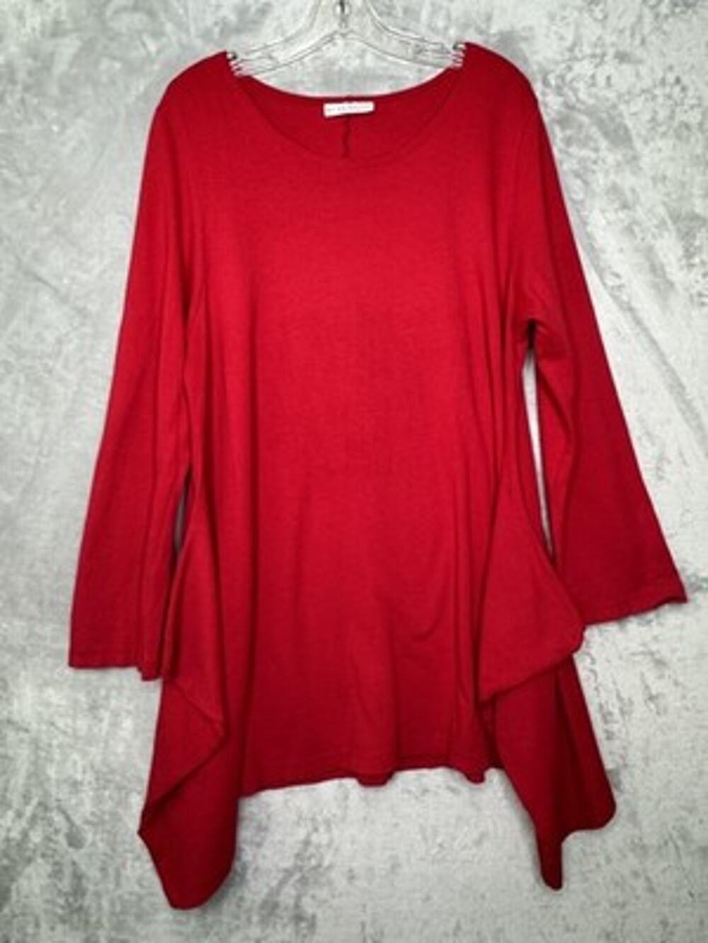 Bryn Walker Top Womens Large Red Cotton Tunic Handkerchief Hem Long Sleeve Boho